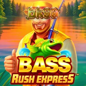 Bass Rush Express slot interface showing the fishing theme and reels.